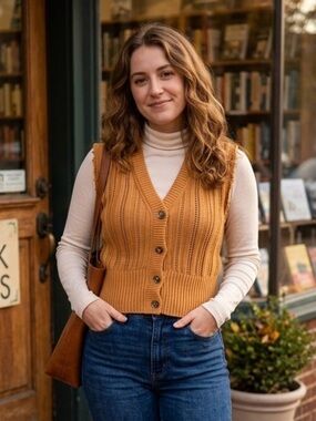 Express | Tan V-Neck Button-Front Sweater Vest with Ragged Edges | Sz S